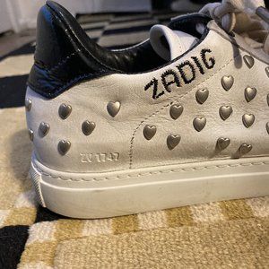 Zadig Voltaire White Heart-Studded Leather Sneakers